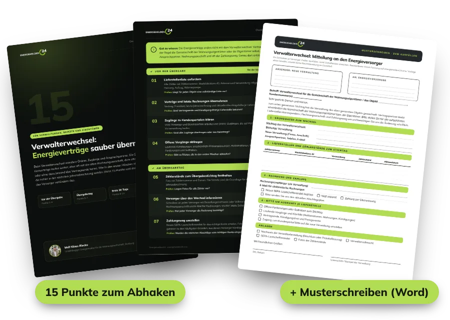 Vorschau: Checkliste Verwalterwechsel mit 15 Punkten und Musterschreiben an den Energieversorger